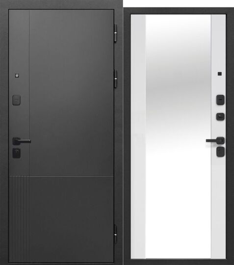 Дверь входная металлическая Е-Трейд 9 см Штамп Нео Зеркало Муар черный - Эмалит белый