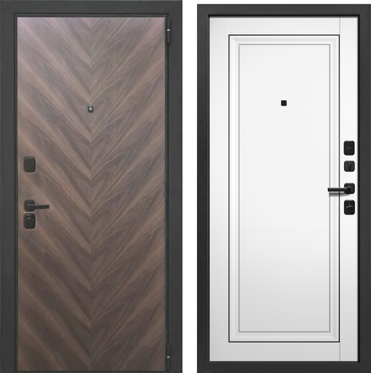 Дверь входная металлическая Волга-Бункер Дуэт MONE МДФ Орех американский мокко / белый МДФ